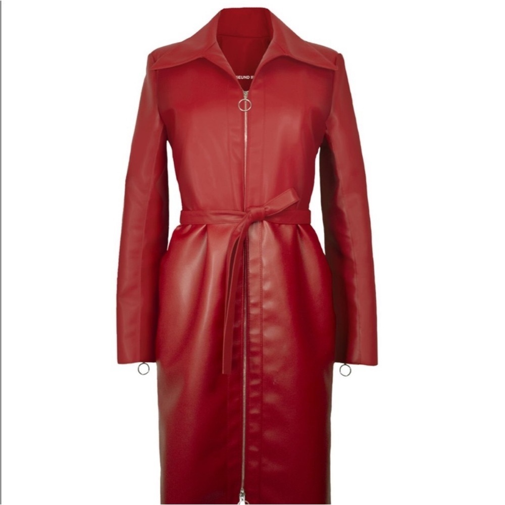 Orseund Iris Red Vegan Leather Belted Trench Coat Jacket Statement Designer L - Picture 14 of 15